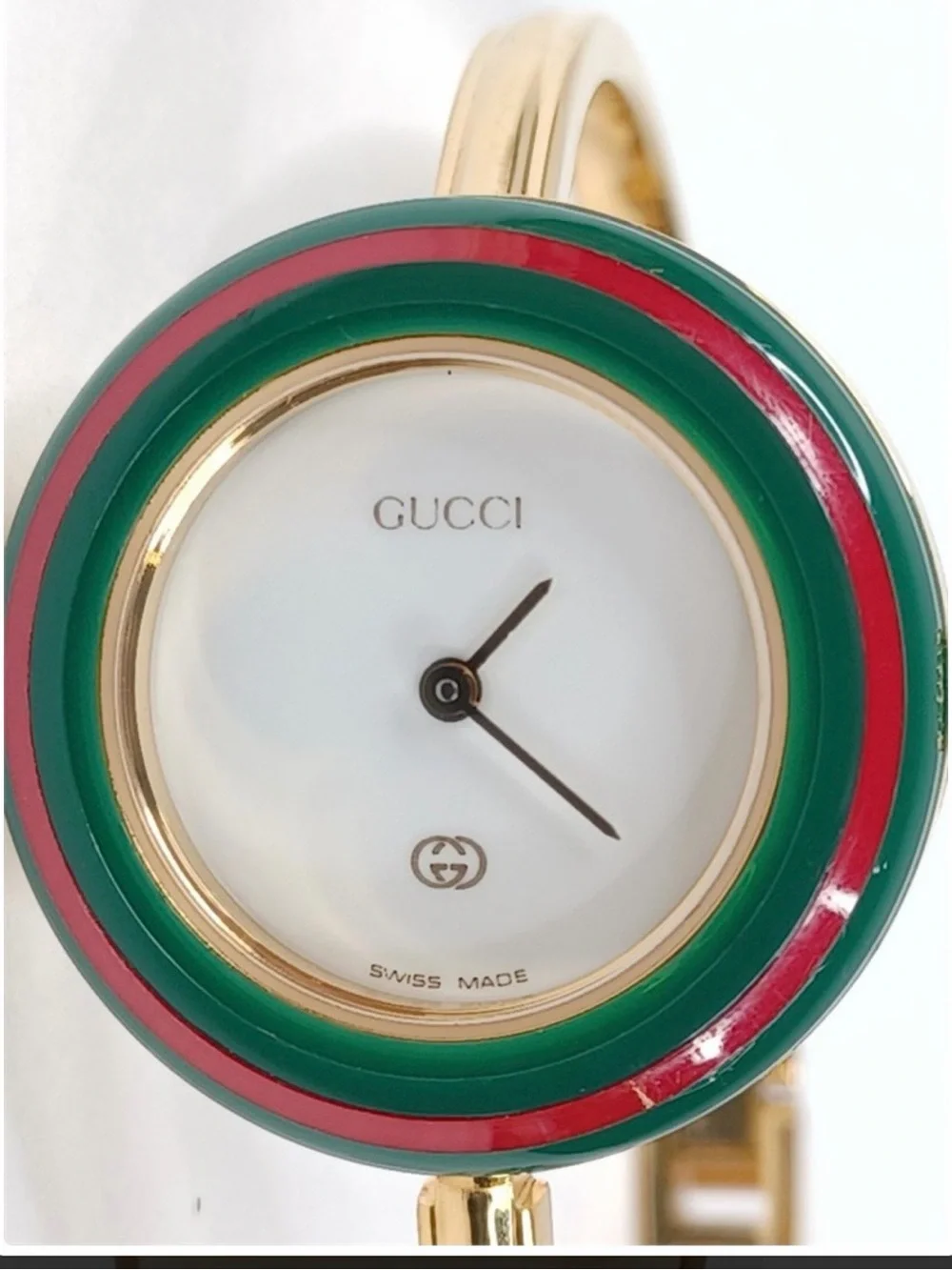 Gucci Gold Bangle Watch with Green and Red Bezel